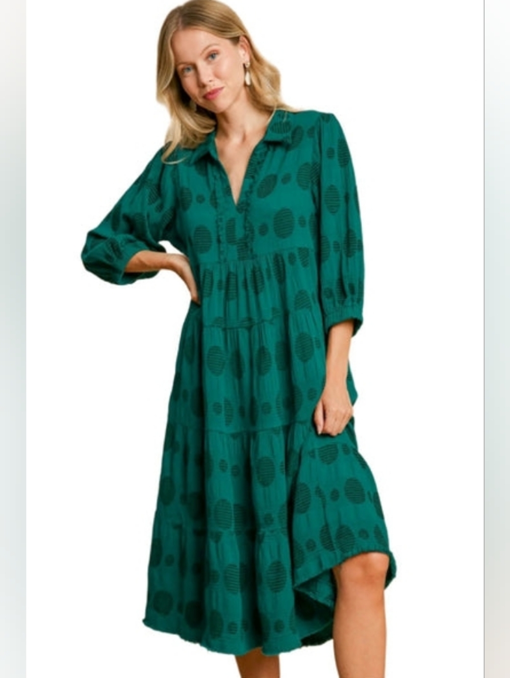 Umgee Swiss Dot Jacquard Midi Dress Peacock Sz Xl